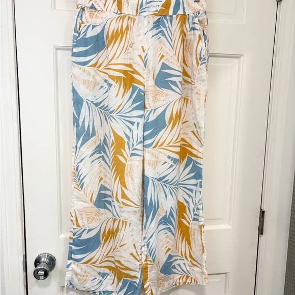 Cynthia Rowley 100% Linen Wide Leg Pants Cropped Tropical Print Flowy Beach Sz L - Picture 1 of 12
